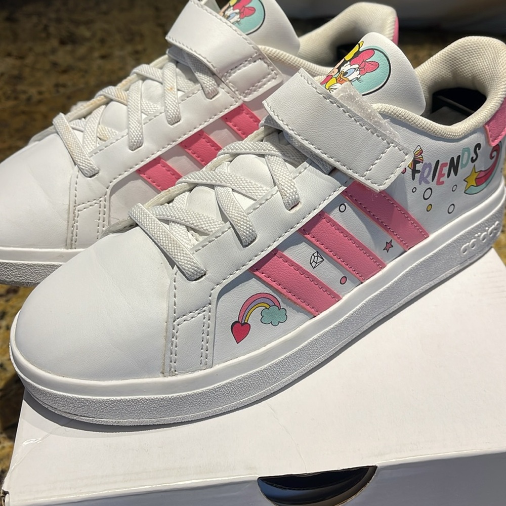 B0658 Adidas Grand Court Minnie Girls White Pink Sneakers Casual School GY6629